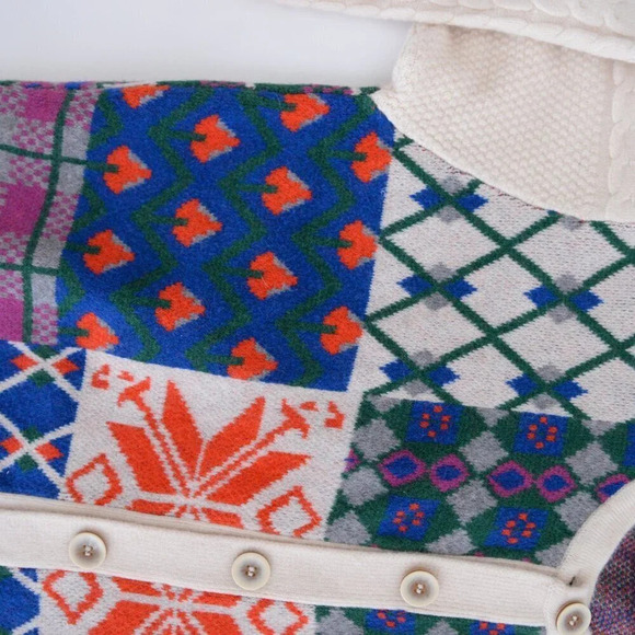 Cider Cream &  Blue Floral Argyle Knit Button Up Sweater L - Picture 9 of 12